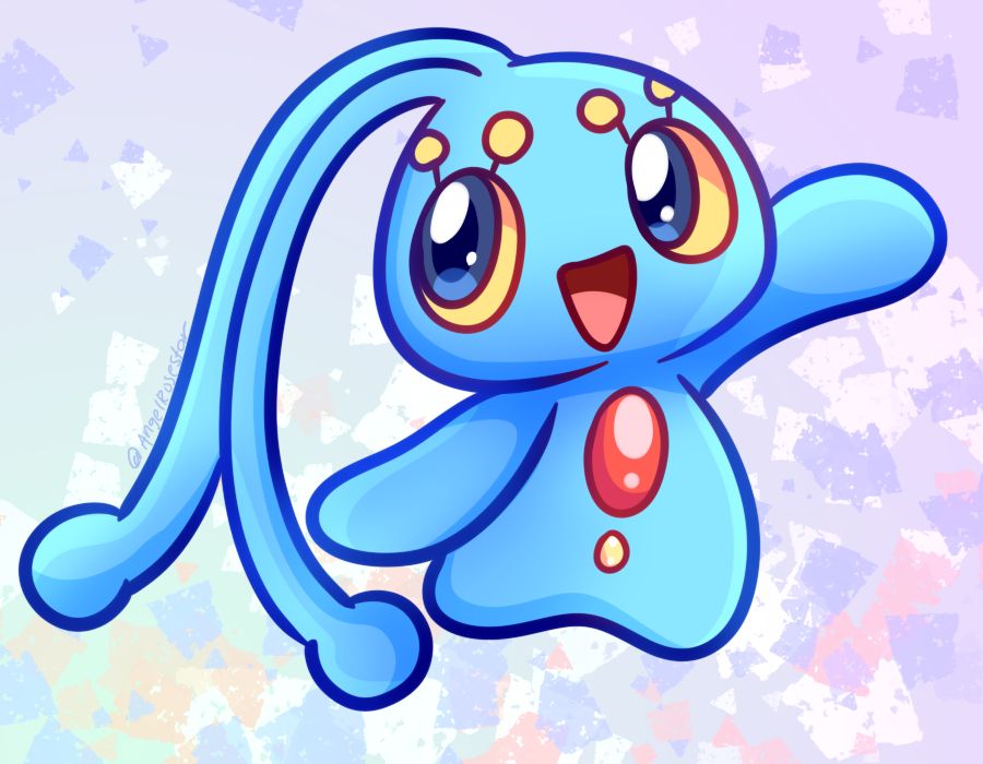Manaphy is a small, blue, aquatic Pokémon with stubby feet and club-like arms that are longer than its body. It has a red gem on its chest and a yellow dot below the gem. Its onion-shaped head has a pair of long blue antennae, which have small spheres on the ends. Its irises are dark blue with yellow sclerae, and there are two yellow dots of "eyelash" markings extending from the eyes