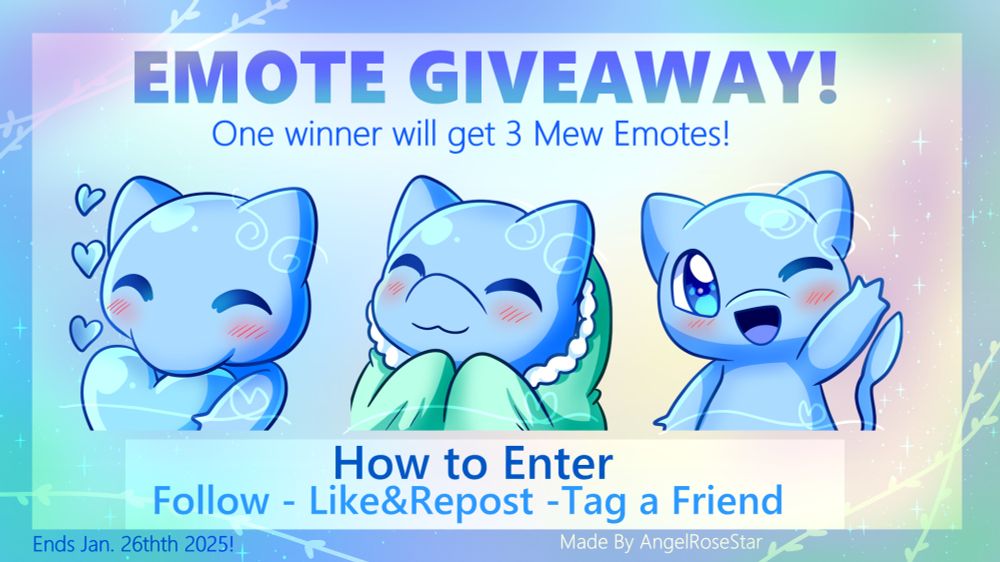 3 shiny Mews on display for the emote giveaway! 3 Blue cats , from left to right, a love emote, a comfy emote, and a wave emote!