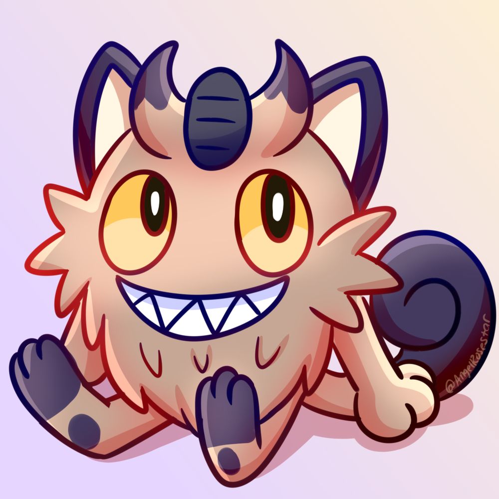 Galarian meowth is sitting down, looking up!