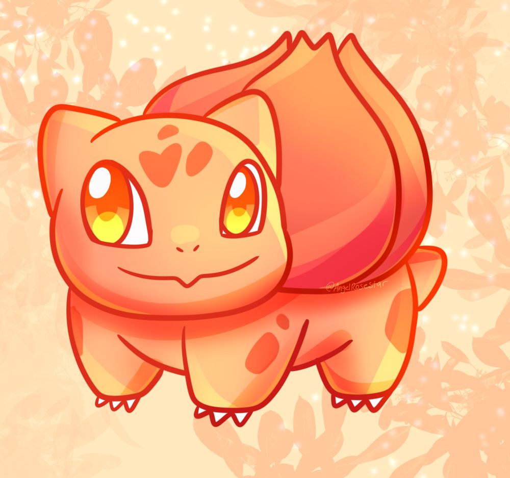 Autumn bulbasaur form with a pastel orange background with leaves around them.