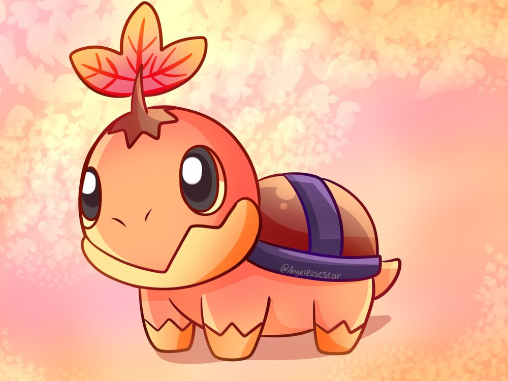 Turtwig with an Autumn theme form. Pink and orange background with yellow leaves. 