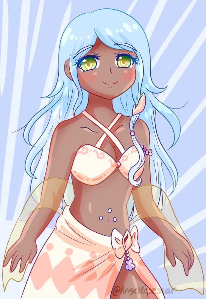Arieta Umi, the clay maker, has blue hair on top and white on bottom, has a bikini top, yellowish white coloring, has piercing on her stomach. 