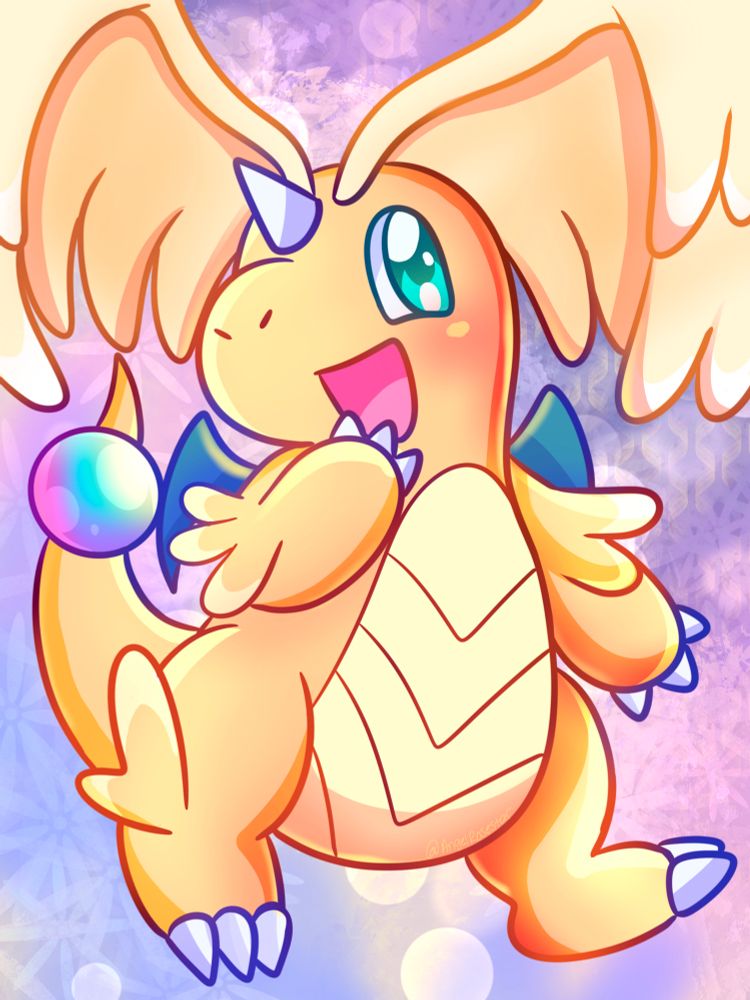Mega Dragonite ! Has wings on their head and a blue/purple pearl on their tail! 
