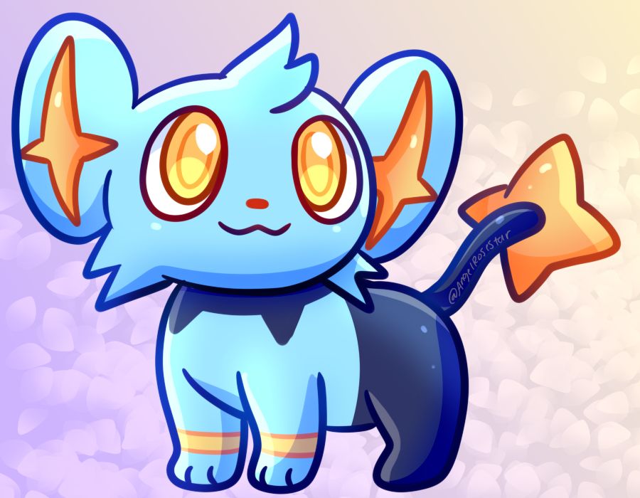 A cute shinx looking on their right, with purple  and yellow background!