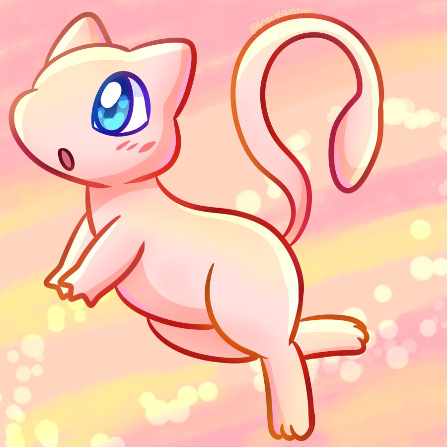 Mew, a pink cat, is looking up with pink tail and blue eyes! Pink and yellow gradient background!