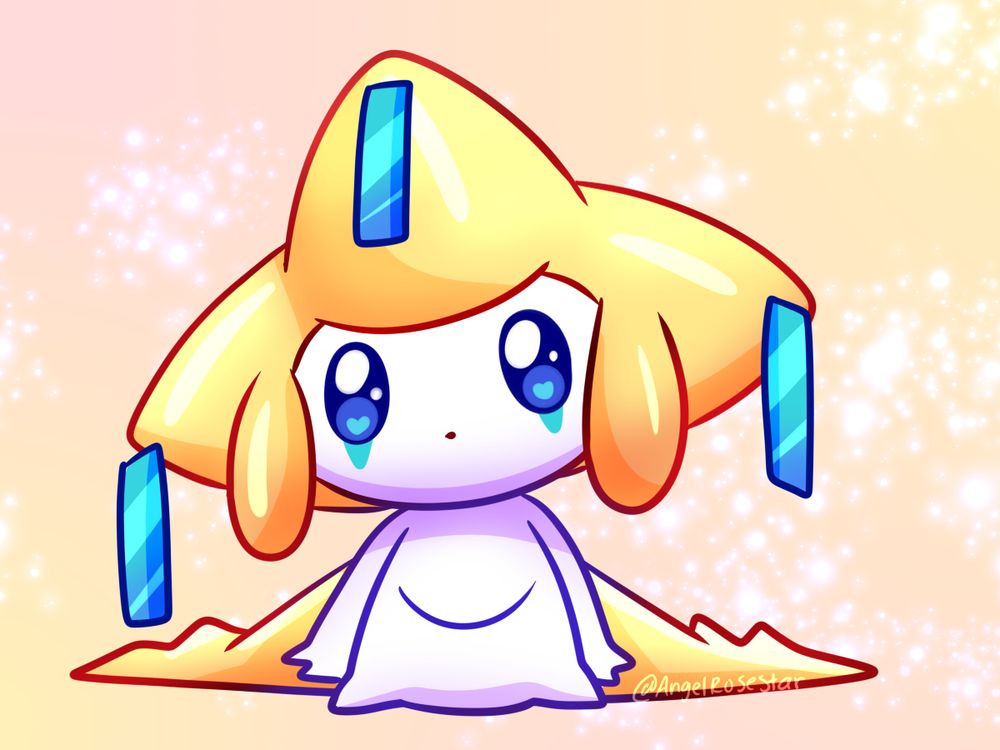 Jirachi is sitting with yellow and light pink background! 