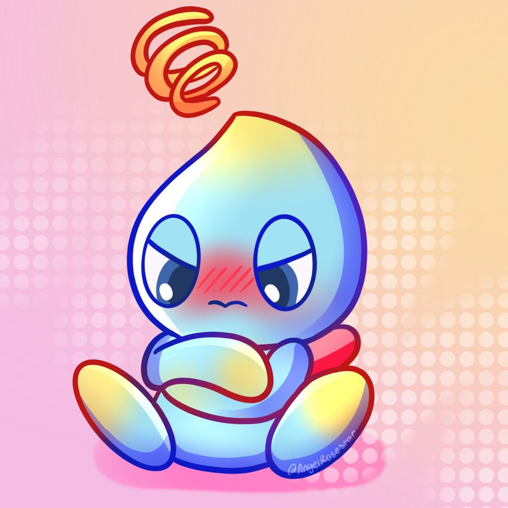 An angry chao, swirl on the top, red blush face , eyes looking down with arms crossed! 