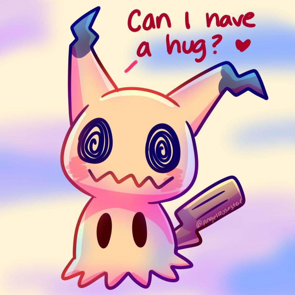 A cute mimikyu is asking "Can I have a hug?"