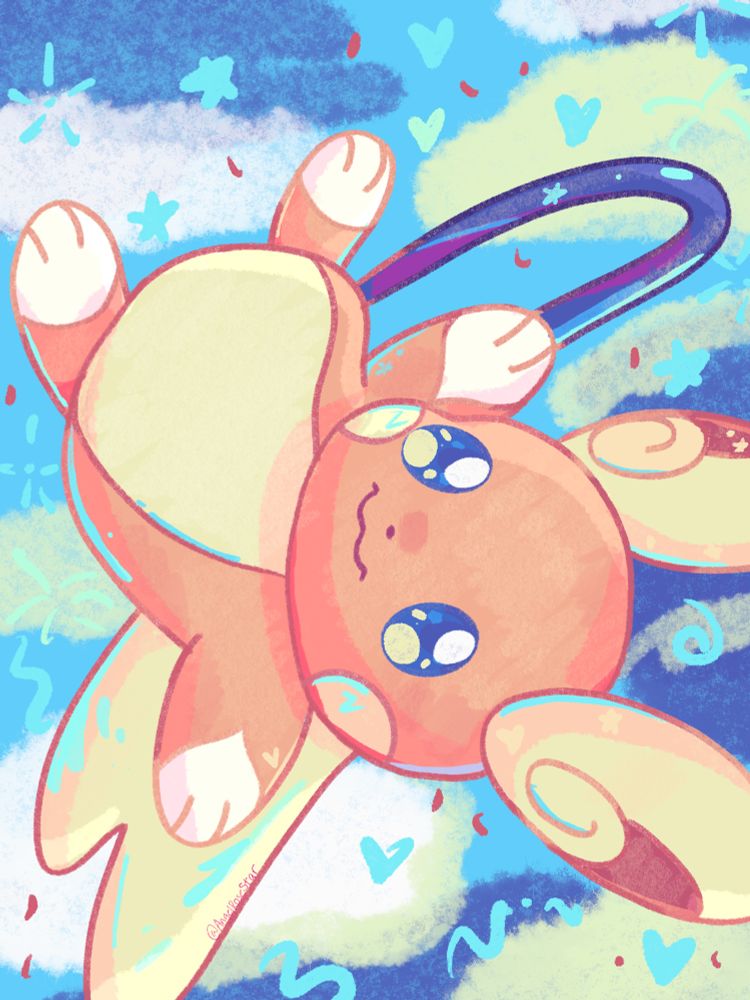 Alolan Raichu in the sky surfing.