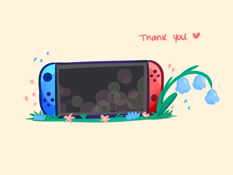 A switch is on top of grass, with blue flowers on the right, the text on top right says "thank you".