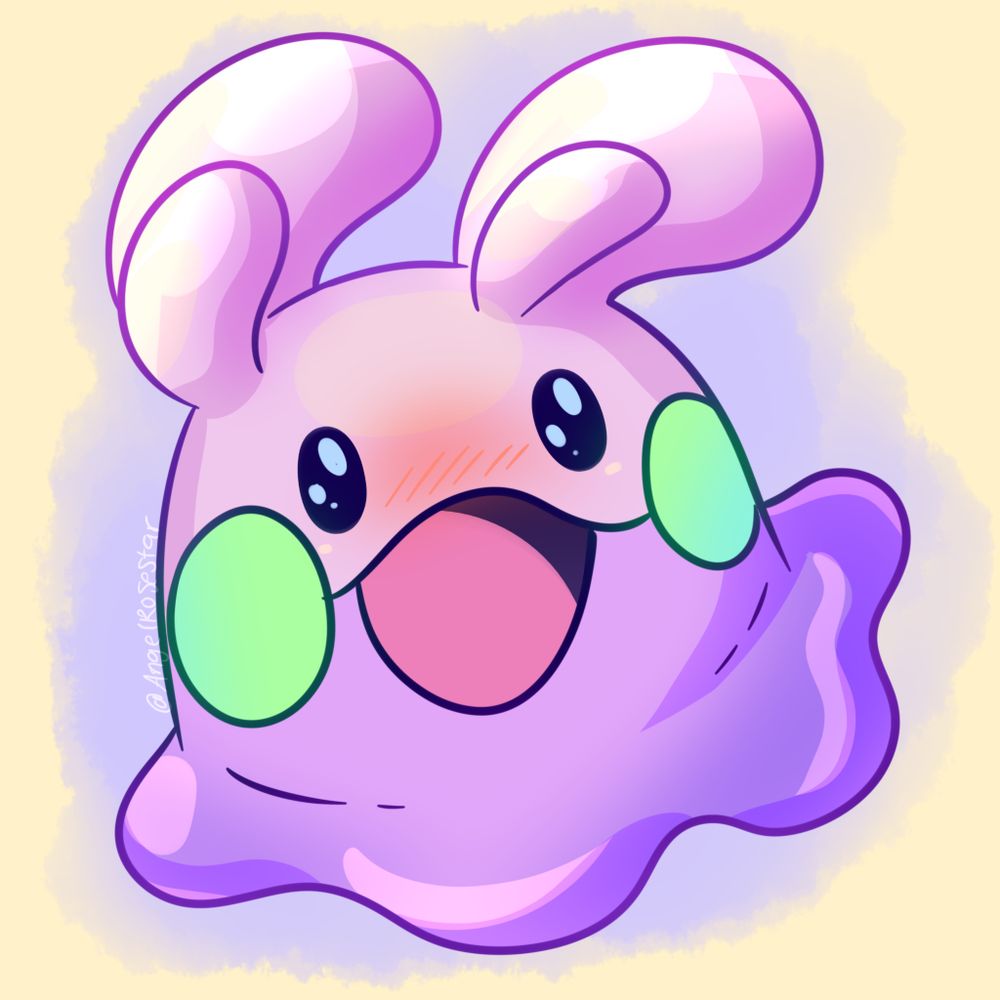 Goomy from pokemon, literally a purple cute blob with green cheeks! 