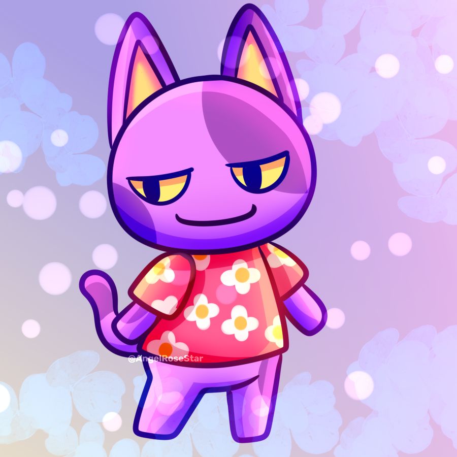 A purple cat, with yellow eyes, with pink shirt, white flower pattern! 