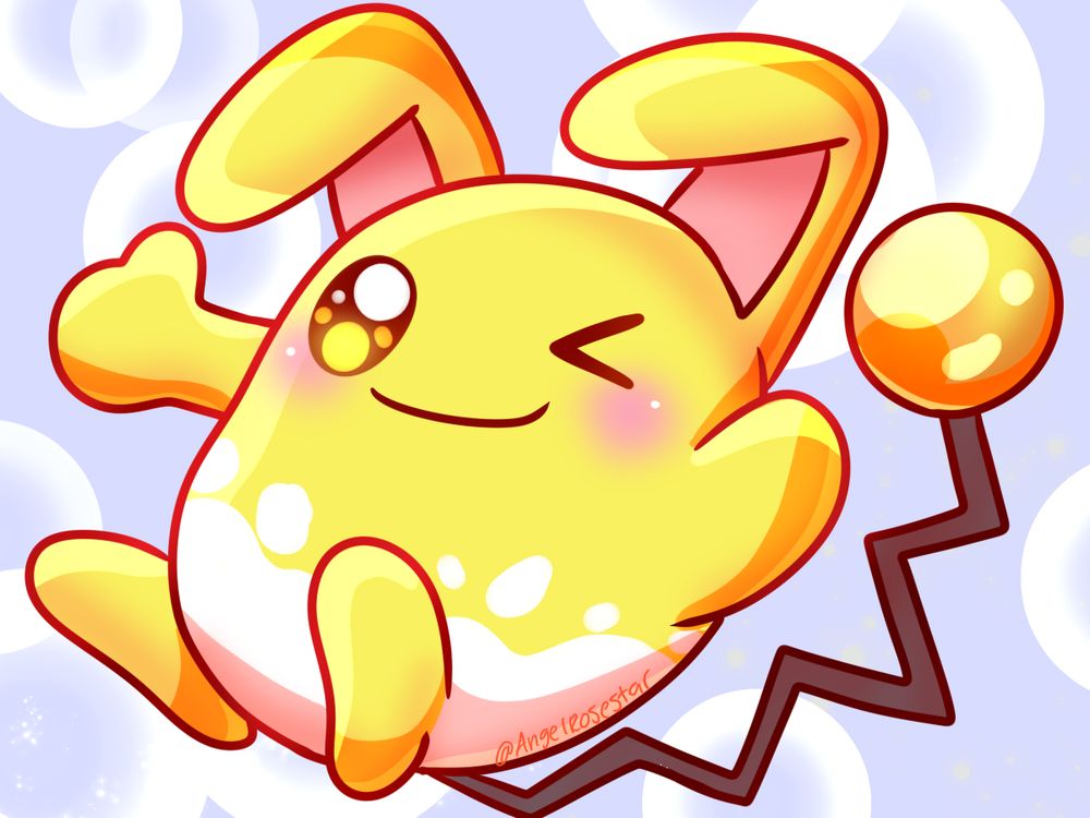 A shiny yellow bunny giving a wink with a nice pastel blue background.