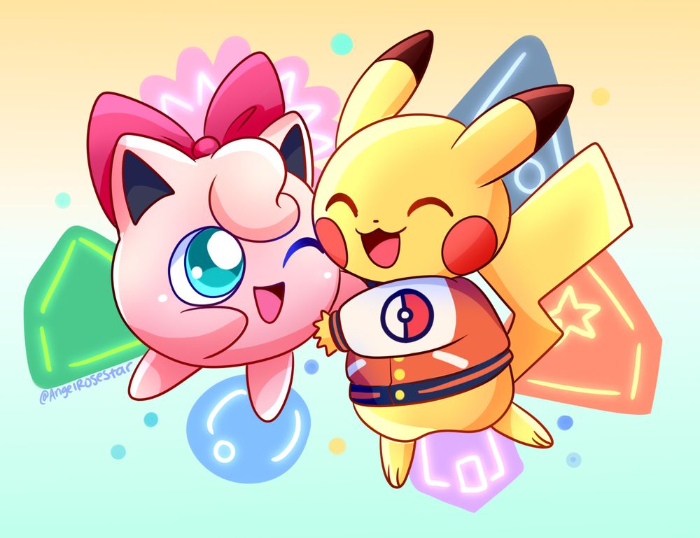 Jigglypuff and Pikachu are hugging each other! 