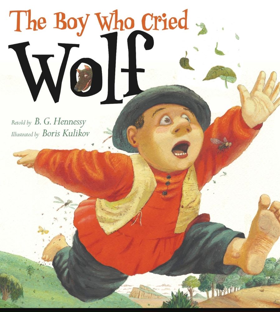 The cover of the book The Boy Who Cried Wolf, depicting a young boy running toward the viewer and the wolf chuckling from the O in "wolf"