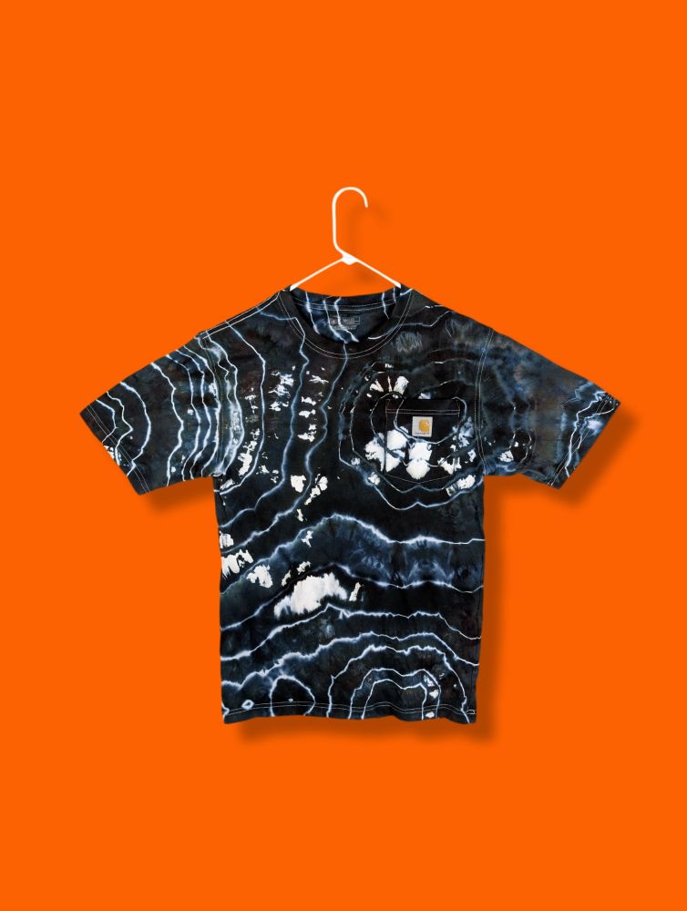 Blackish ice-dye geode t-shirt (dyed on a Carhartt logo pocket t-shirt)