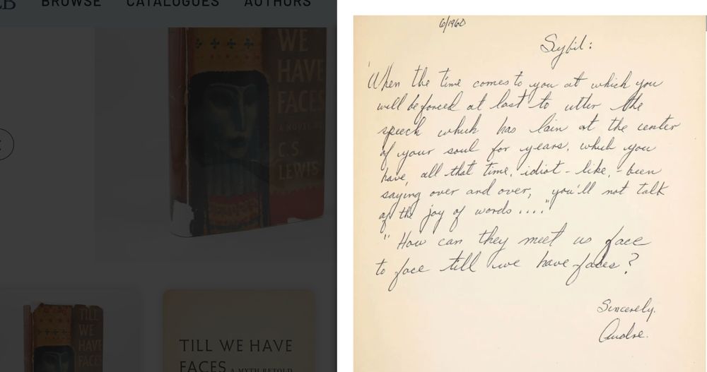 Inscription on C.S. Lewis's Till We Have Faces, a retelling of the myth of Cupid and Psyche, in anticipation apparently of a coming out of the closet for Lorde's friend: 6/1960 Sybil: 