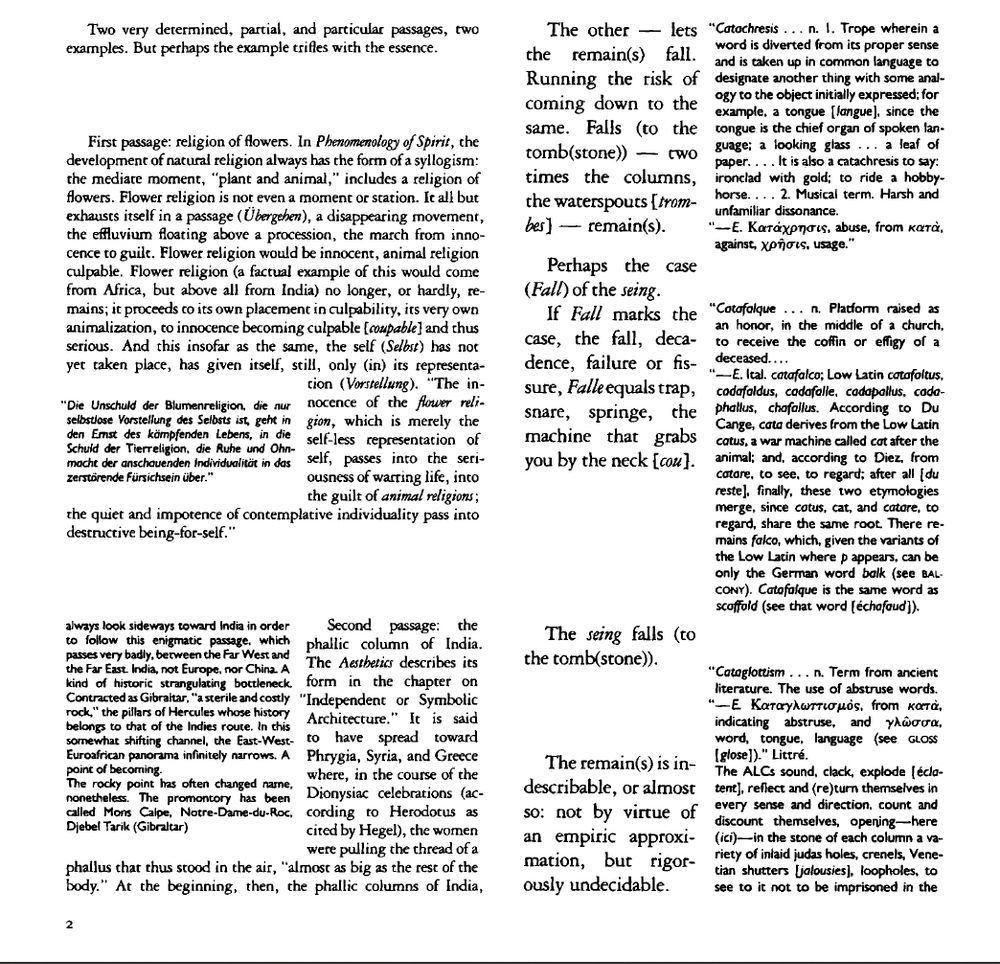 screen grab from page 2 of Derrida's "Glas" (published by University of Nebraska Press)