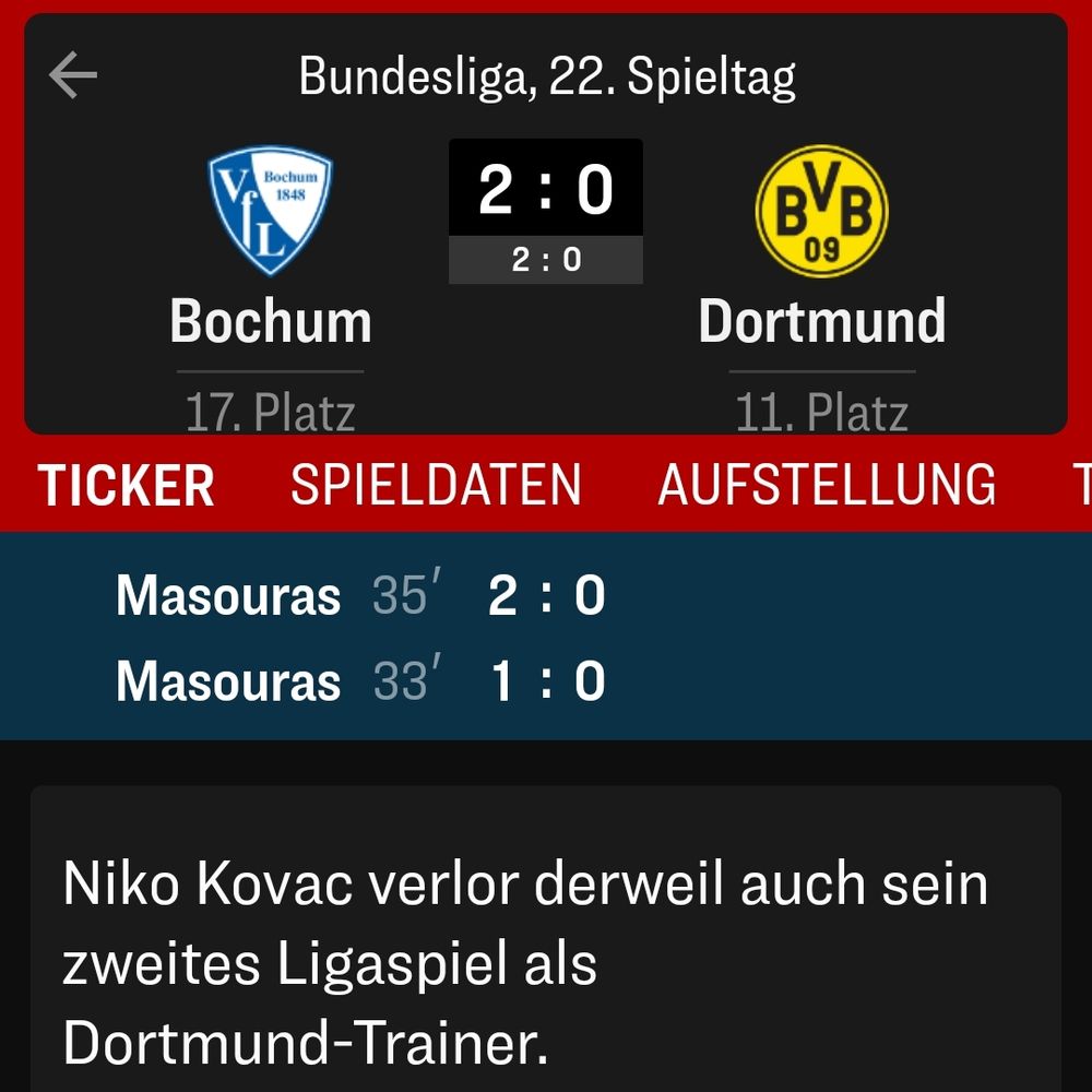 Screenshot mit Ergebnis Bochum gegen Dortmund 2:0