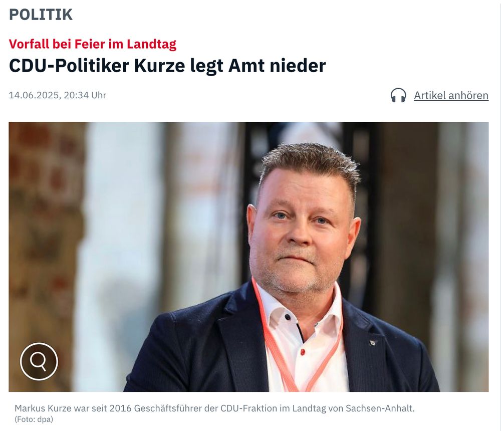 T-online Artikel Überschrift: ,CDU-Politiker Kurze legt Amt nieder‘ Bild des Politikers Markus Kurze 