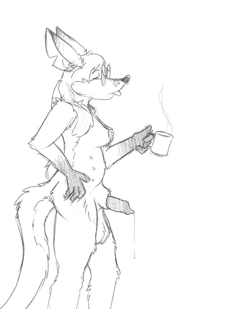 Kae standing in profile naked. She's half-asleep, scratching her side with one hand, holding a mug of coffee in the other, a large sheath with a canine cock hanging halfway out and big heavy balls between her legs.