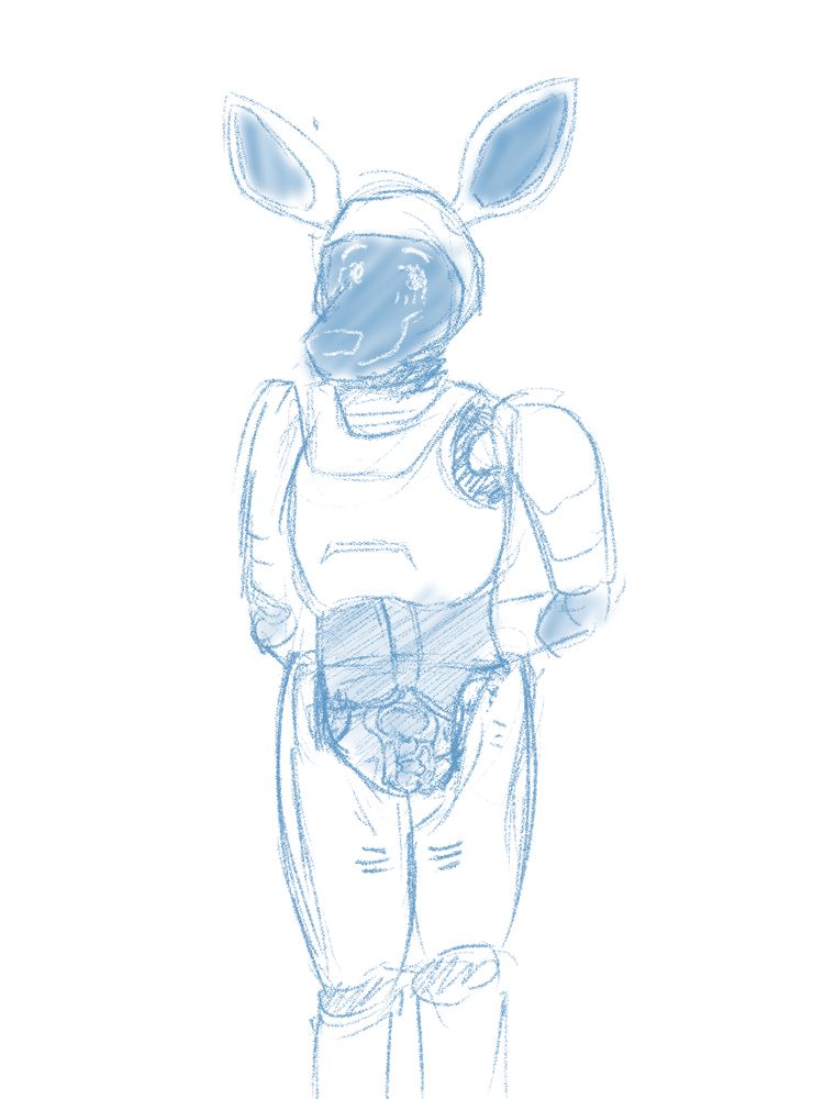 Sketch of a doe android, with a screen display face giving a bashful expression, her abdomen a translucent material showing her main wiring harness, and her vaginal passage leading down to her crotch.