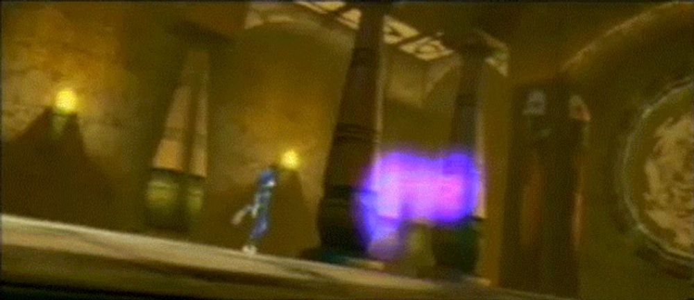 a video game character is standing in front of a purple glowing object .