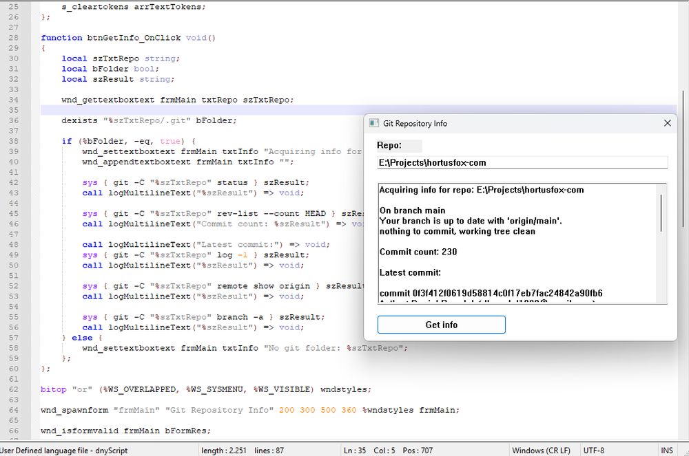 Part of the source code and the GUI showing basic git information of a local repository.