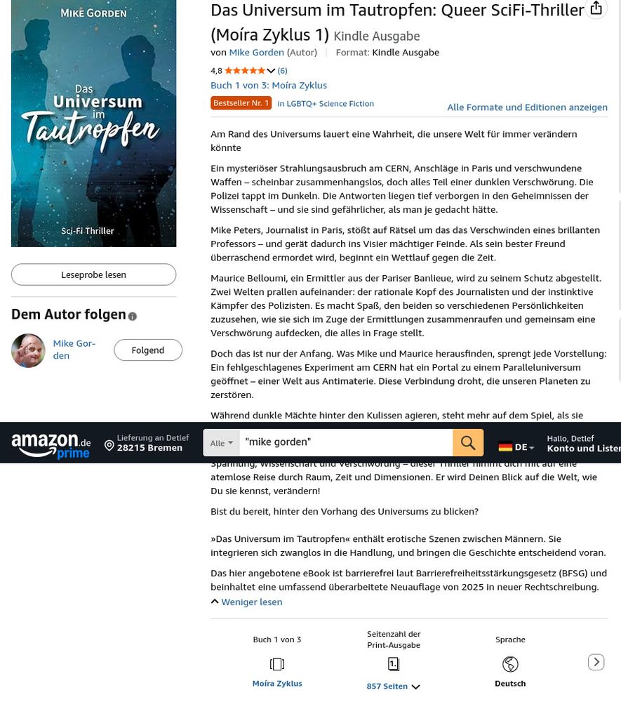 Amazon-Detailseite meines Buches "Das Universum im Tautropfen"