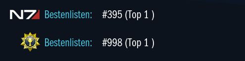 Mein Platz in den N7-Bestenlisten des Multiplayers von Mass Effect 3
My rank spot in the N7 leaderboards for Mass Effect 3 multiplayer