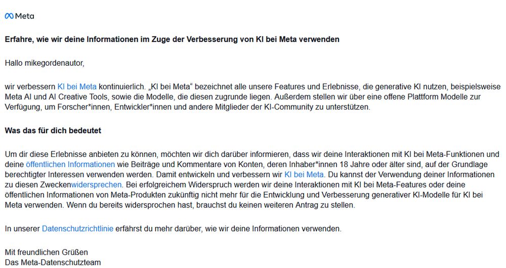 Text einer e-Mail von Meta, der beinhaltet, daß sie die Profile aller Instagram-Teilnehmer künftig mit KI auswerten, wenn man nciht widerspricht.