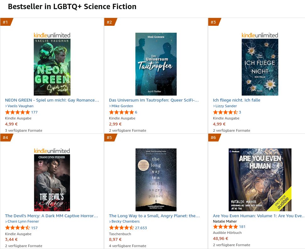 Liste der Amazon Bestseller in der Kategorie LGBTQ + Science Fiction. Das Buch des deutschen Schriftstellers Mike Gorden »Das Universum im Tautropfen« befindet sich auf Platz 2.