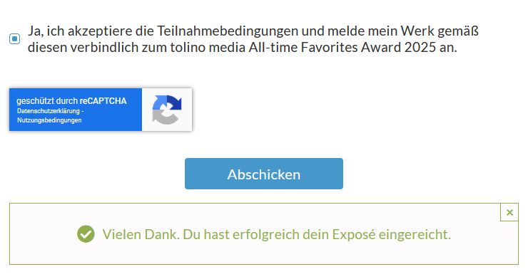 Screenshot der Einreichung meines Buches zum tolino media All-time Favorites Award 2025