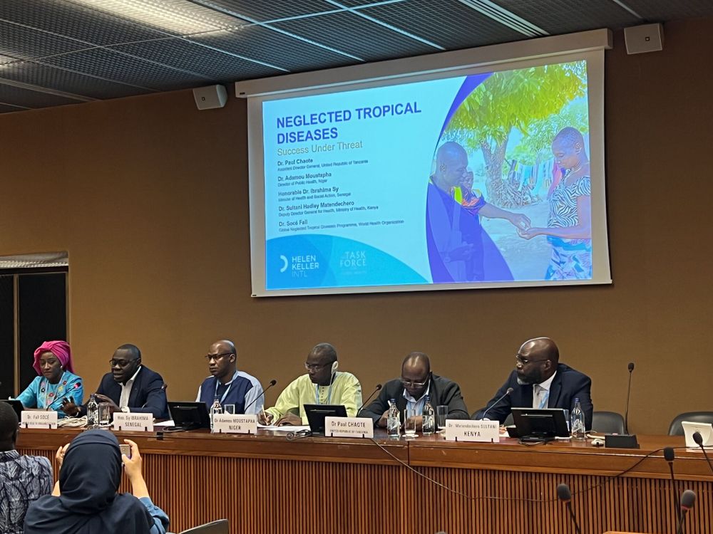 Six people sit at a long desk in the front of a room. Behind them a projected slide reads, "Neglected Tropical Diseases: Progress Under Threat".