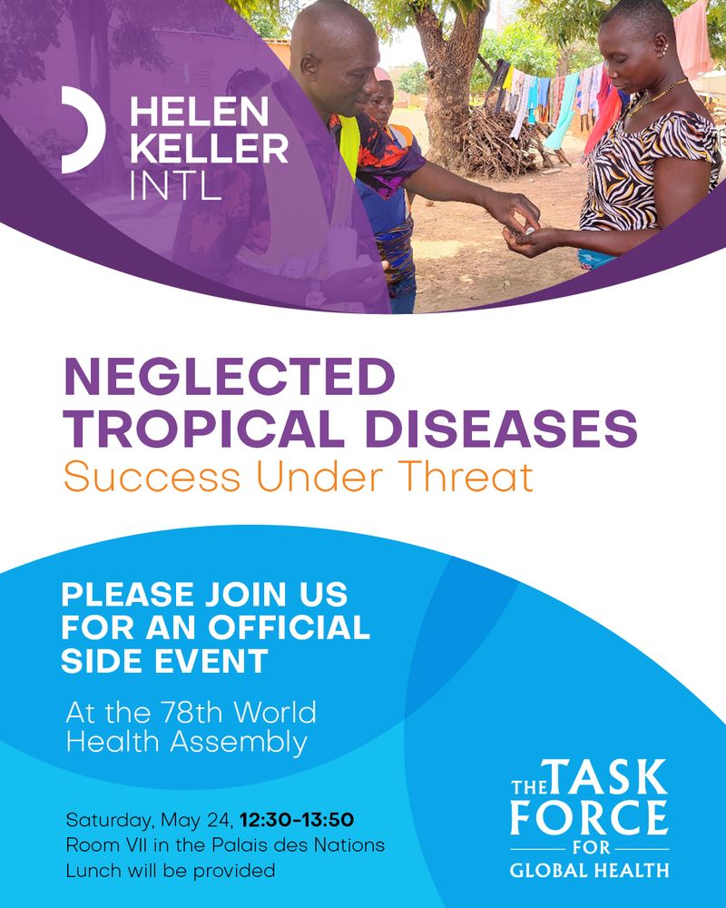 Graphic promoting the event "Neglected Tropical Diseases: Success Under Threat" on May 24, 2025, from 12:30-13:50 in Room VII at the Palais des Nations. A pass for the Palais des Nations is required to attend.