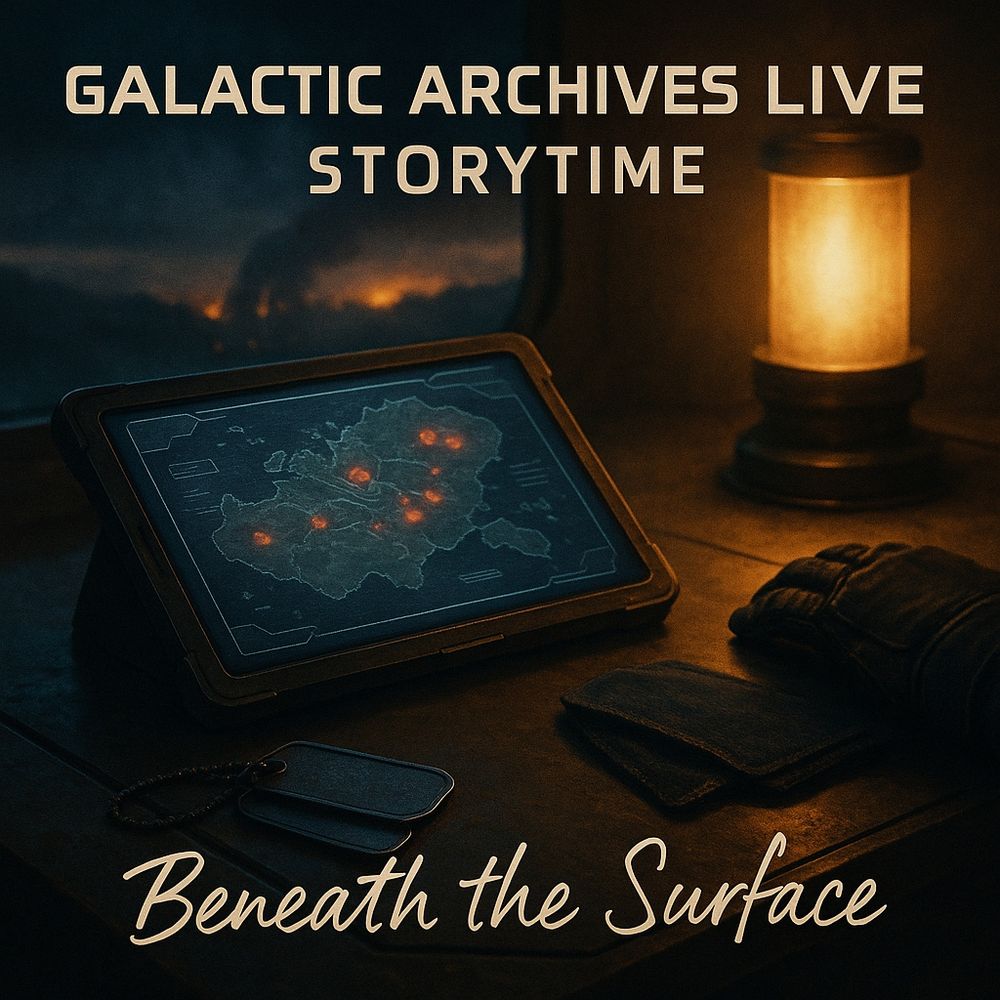 A dark image lit with warm amber light cast by a lantern. A datapad, gloves, and worn tags sit atop a desk. The datapad shows a map with warning markers. From the window beyond, smoke and the glow of fires is visible. 

The words "Galactic Archived Live - Storytime are superimposed across the top of the image in yellow block letters. "Beneath the surface" is written across the botom of the image in yellow script font.