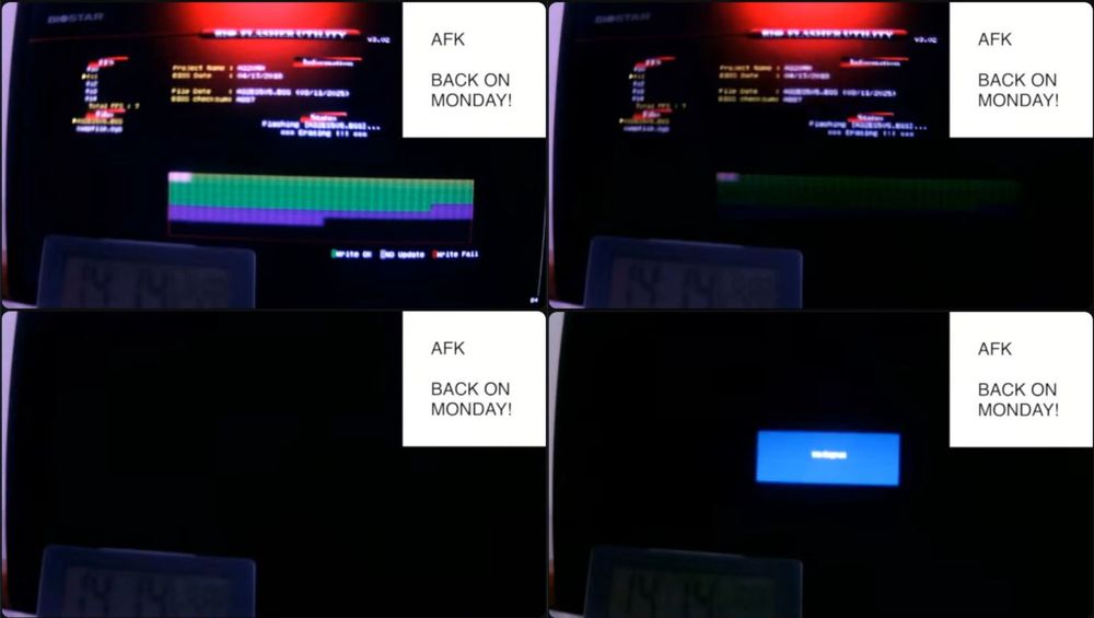 4 frames from the live stream "The longest BIOS update" (https://youtu.be/p7TP3YCpUPk, unarchived) when the display showed the last frame of the BIOS update, right as the display lost signal.
