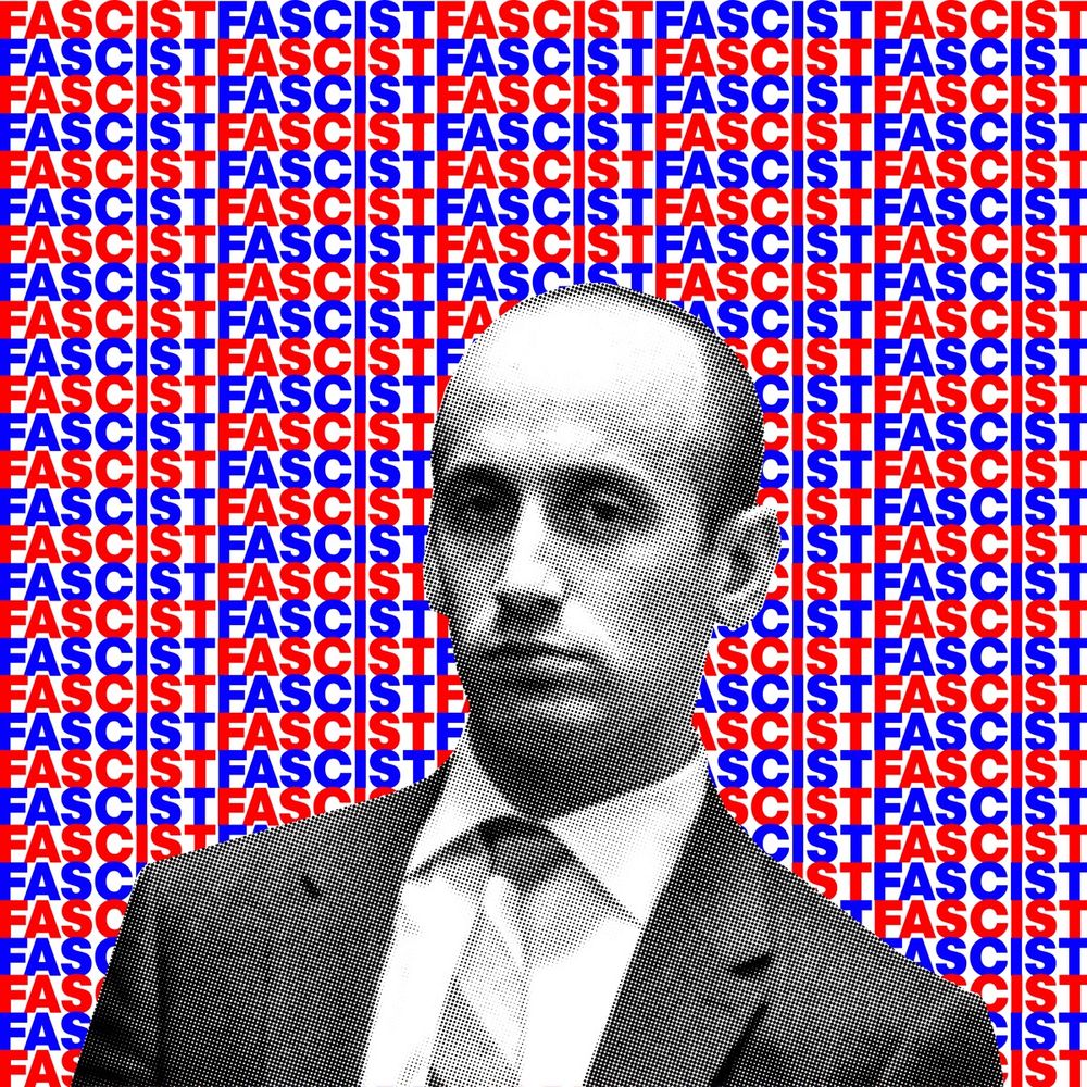 IMAGE OF STEPHEN MILLER WITH THE WORD 'FASCIST' REPEATED BEHIND HIM MANY TIMES.
