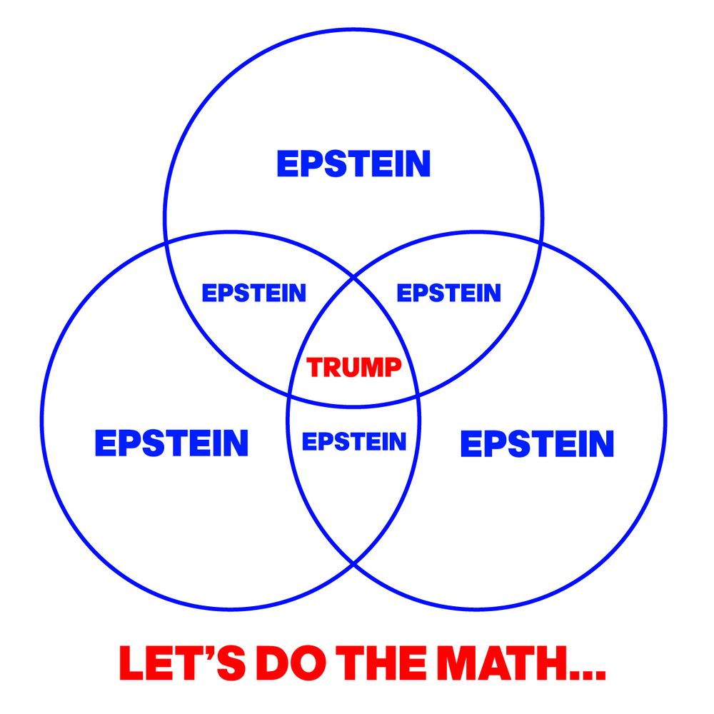 A VENN DIAGRAM WHERE MOST OF THE SECTIONS SAY EPSTEIN BUT THE MIDDLE ONE SAYS TRUMP. UNDERNEATH IT SAY'S: LET'S DO THE MATH...