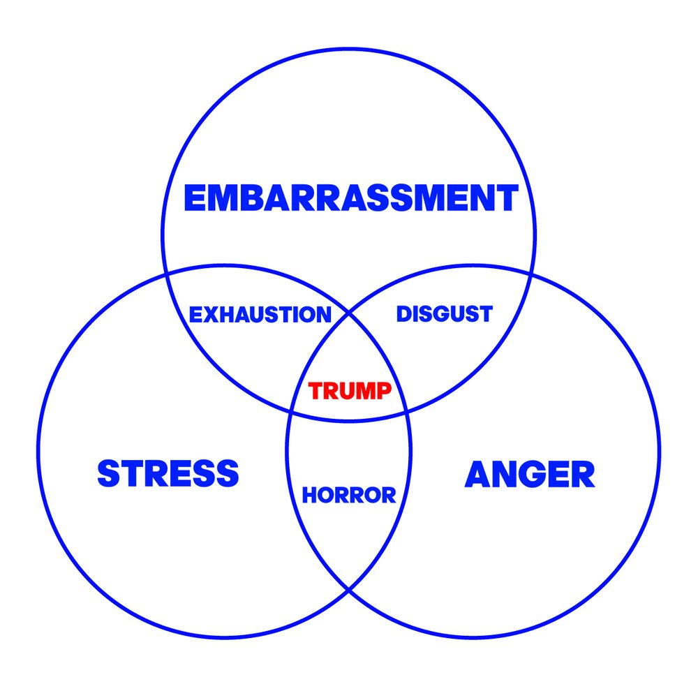 A VENN DIAGRAM WITH THE WORDS: EMBARRASSMENT, STRESS, ANGER, EXHAUSTION, DISGUST, STRESS, HORROR. TRUMP IS AT THE CENTER.
