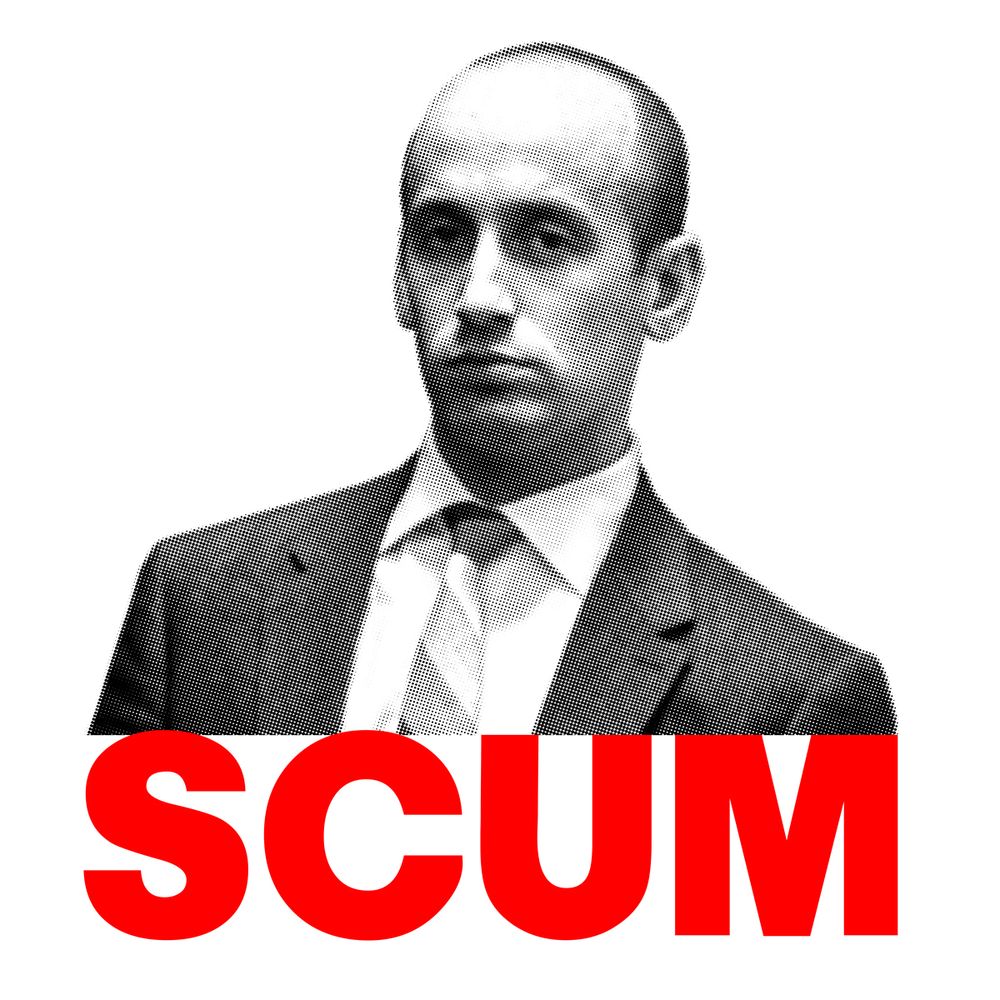 IMAGE OF STEPHEN MILLER WITH THE WORD SCUM IN BIG RED LETTERS 