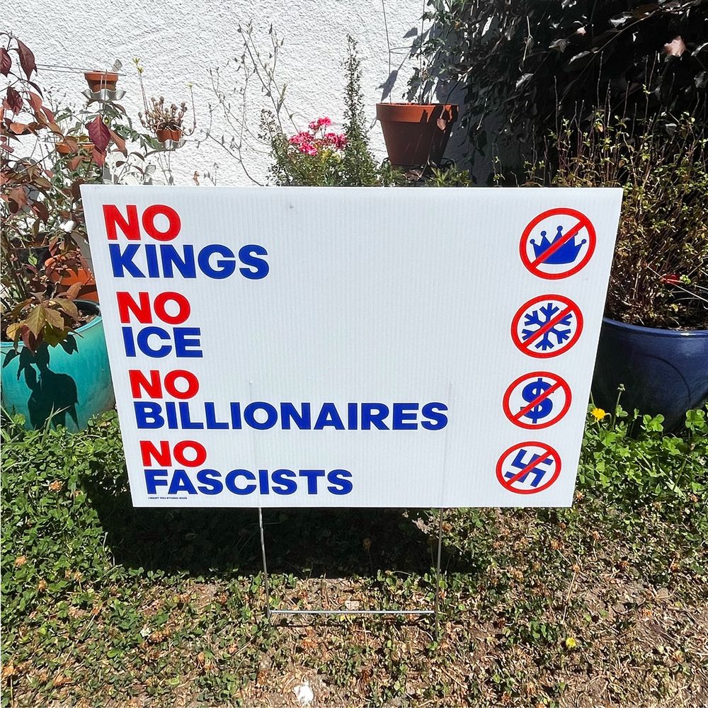 A photograph of a yard sign that says: NO KINGS, NO ICE, NO BILLIONAIRES, NO FASCISTS. BY EACH OF THESE, THERE IS A CROSSED-OUT SYMBOL. A CROWN (FOR KING), A SNOWFLAKE (FOR ICE), A DOLLAR SIGN (FOR BILLIONAIRES), A SWASTIKA (FOR FASCISTS).