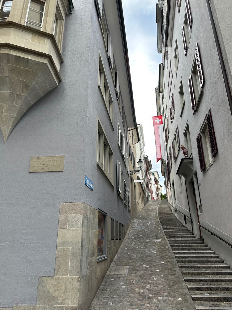 A view from the bottom of Trittligasse in Zürich, a very steep, narrow pedestrian urban street with a set of well-maintained shallow steps on the right, extending as far as the eye can see.