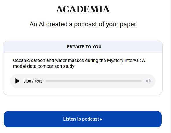 A screenshot of an email from Academia.edu, informing me that they've created some sort of automated podcast on one of my papers using LLMs.