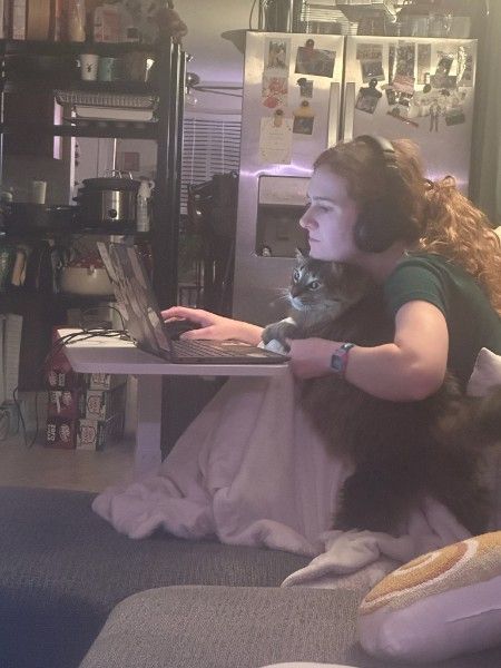 A woman with red, curly hair is hunched over a small desk, working on a laptop. She is awkwardly holding a large, brown cat who looks like he is also working on the laptop.