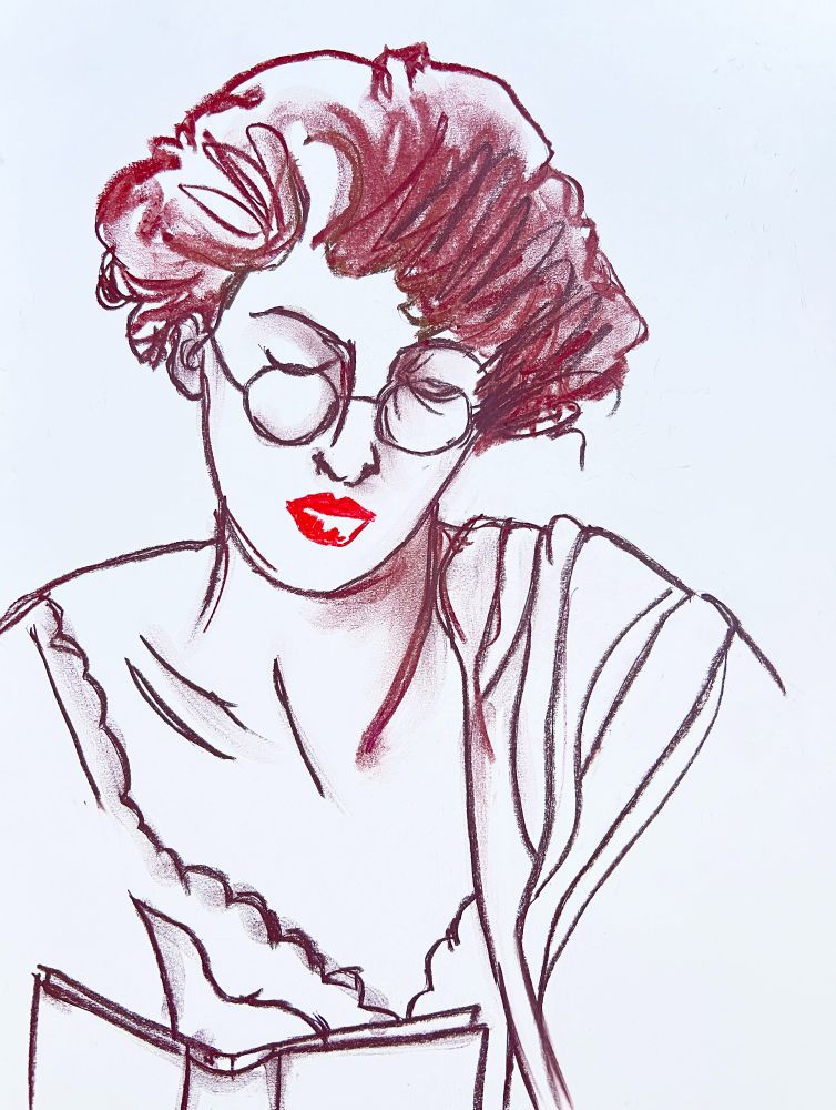 Drawing of a young woman reading a book