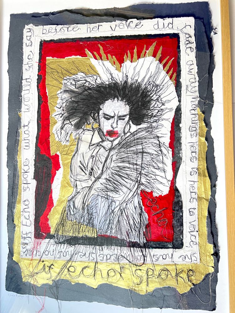 Drawing of woman with collaged material and text in red black and gold