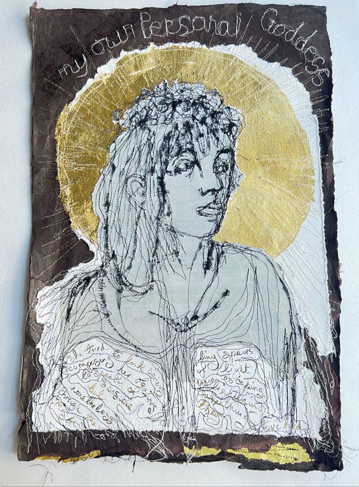 Stitched portrait of a woman with gold leaf halo on black and cream papers