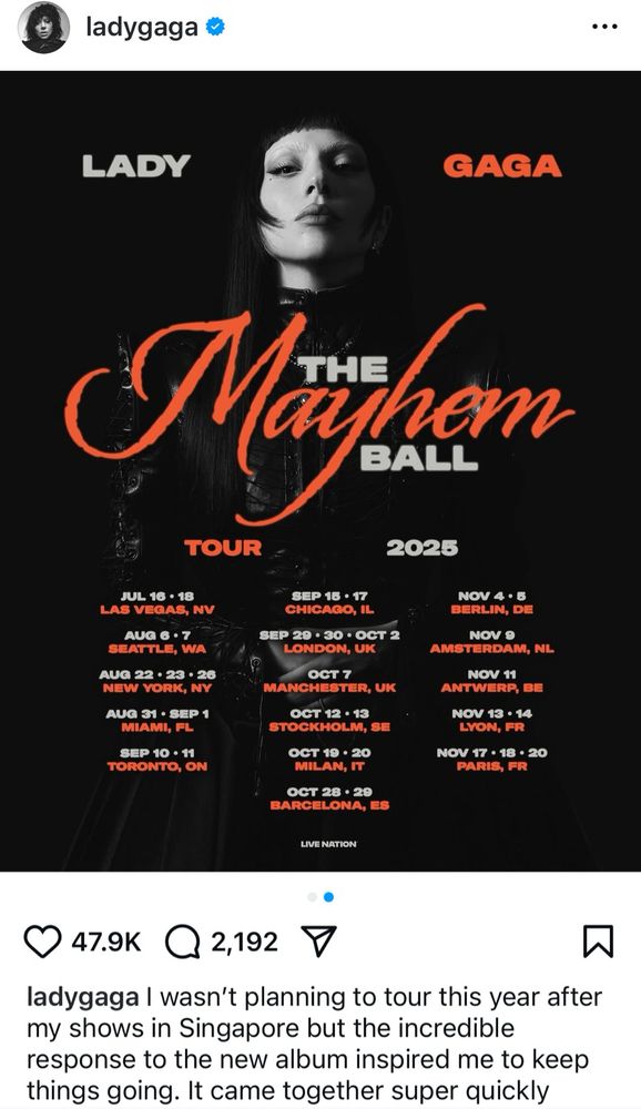Announcement poster of Lady Gaga’s Mayhem Ball tour in Autumn 2025