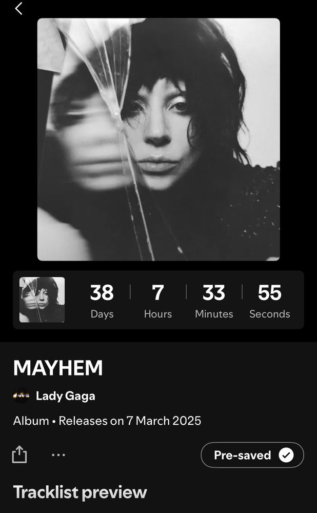 Screenshot of Spotify preview of Lady Gaga’s upcoming album “Mayhem” due to be released in March